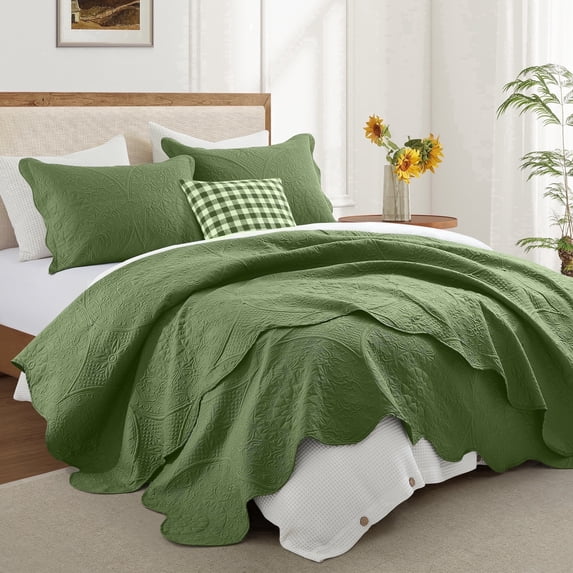 Ameha 3-Piece Quilt Bedspread Set Lightweight Embossed Floral Microfiber Coverlet Adult Queen Size Olive Green