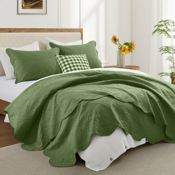 Ameha 3-Piece Quilt Bedspread Set Lightweight Embossed Floral Microfiber Coverlet Adult Queen Size Olive Green