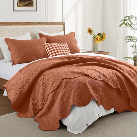 Ameha 3-Piece Quilt Bedspread Set Lightweight Embossed Floral Microfiber Coverlet Adult Queen Size Rust