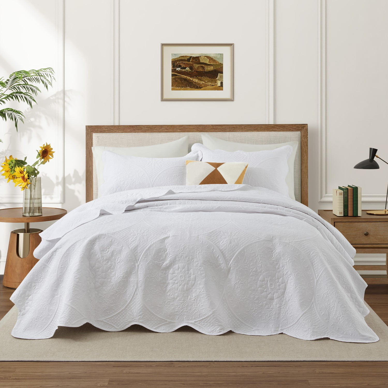 Ameha 3-Piece Quilted Bedspread Set Lightweight Embossed Floral Microfiber Coverlet Queen Size White