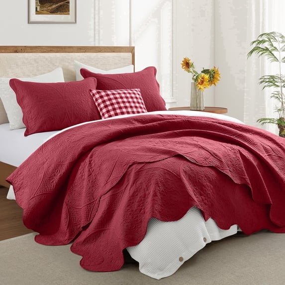 Ameha 3 Piece Reversible Quilt Set Ultra Soft Floral Coverlet Microfiber Bedding Set Cal.King Burgundy All Season