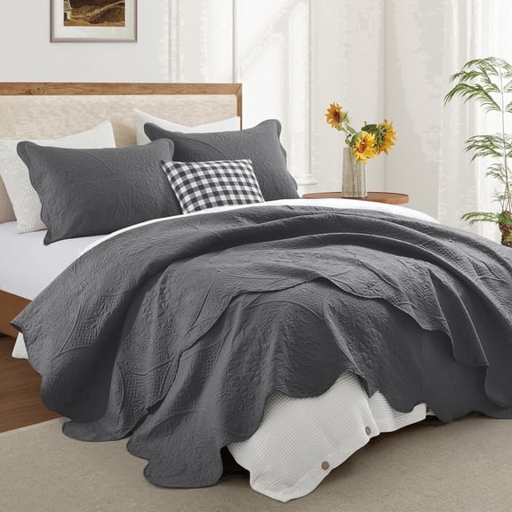Ameha 3 Piece Reversible Quilt Set Ultra Soft Floral Coverlet Microfiber Bedding Set Cal.King Charcoal All Season
