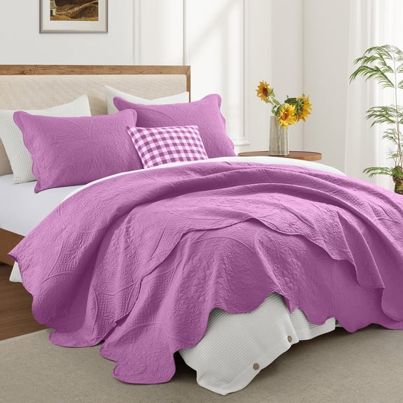 Ameha 3 Piece Reversible Quilt Set Ultra Soft Floral Coverlet Microfiber Bedding Set Cal.King Purple All Season