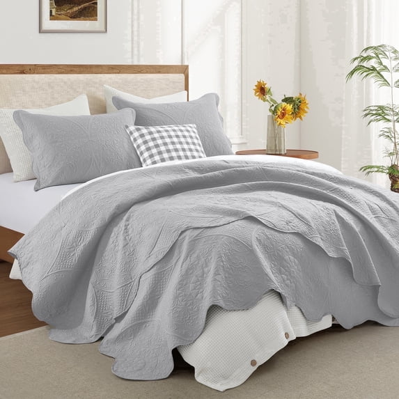 Ameha 3 Piece Reversible Quilt Set Ultra Soft Floral Coverlet Microfiber Bedding Set Cal.King Silver All Season