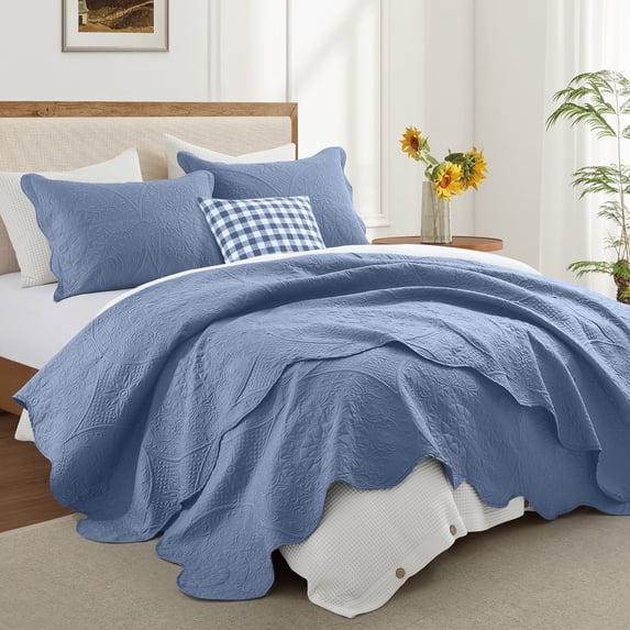 Ameha 3 Piece Reversible Quilt Set Ultra Soft Floral Coverlet Microfiber Bedding Set Cal.King Washed Blue All Season