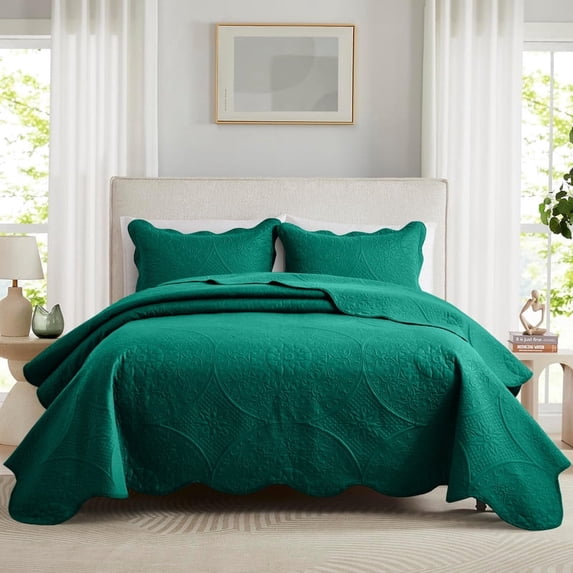 Ameha 3 Piece Reversible Quilt Set Ultra Soft Floral Coverlet Microfiber Bedding Set California King Emerald Green All Season