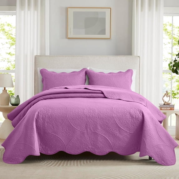 Ameha 3 Piece Reversible Quilt Set Ultra Soft Floral Coverlet Microfiber Bedding Set California King Purple All Season