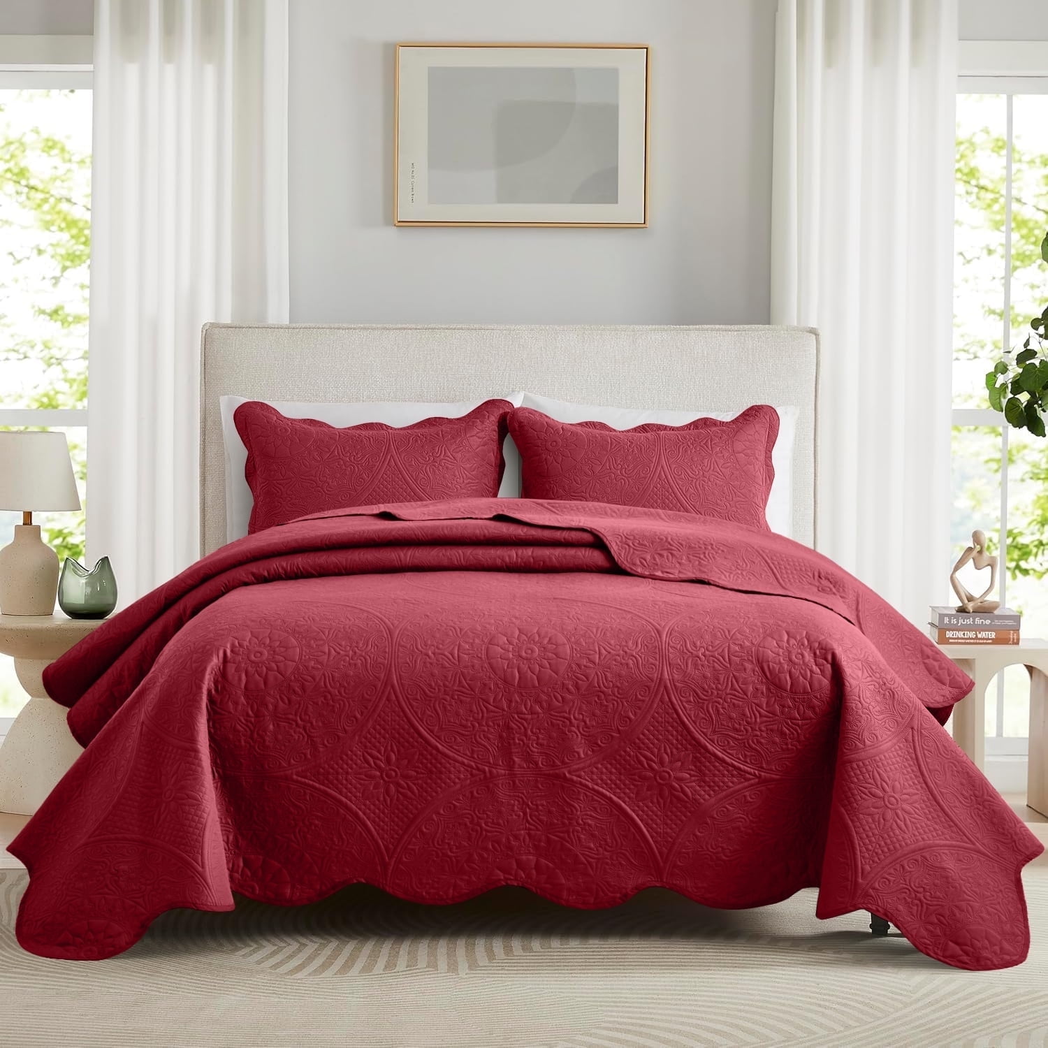 Ameha 3 Piece Reversible Quilt Set Ultra Soft Floral Coverlet Microfiber Bedding Set King Burgundy All Season