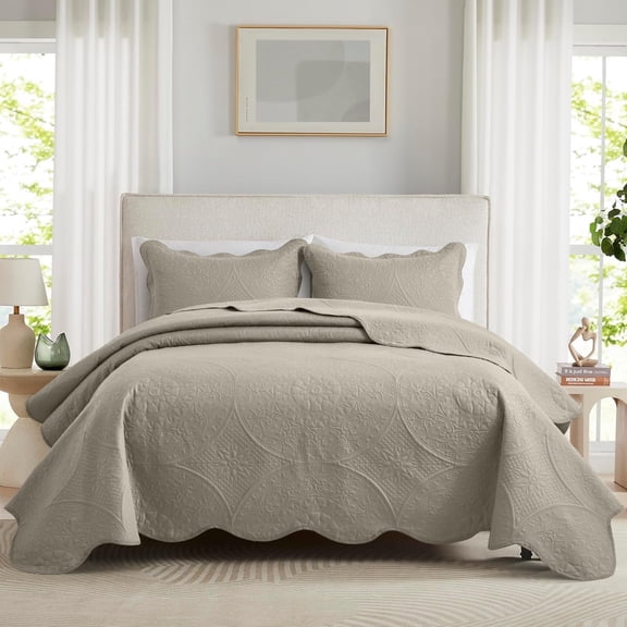 Ameha 3 Piece Reversible Quilt Set Ultra Soft Floral Coverlet Microfiber Bedding Set Queen Beige All Season
