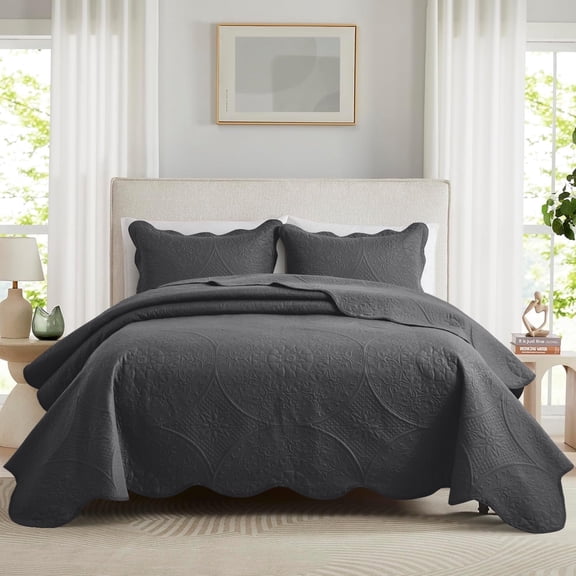 Ameha 3 Piece Reversible Quilt Set Ultra Soft Floral Coverlet Microfiber Bedding Set Queen Charcoal All Season