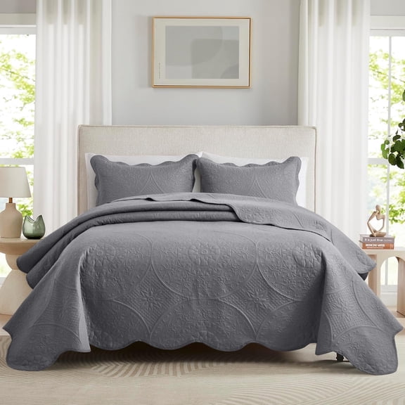 Ameha 3 Piece Reversible Quilt Set Ultra Soft Floral Coverlet Microfiber Bedding Set Queen Grey All Season