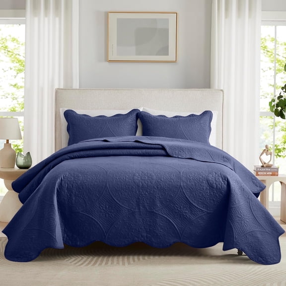 Ameha 3 Piece Reversible Quilt Set Ultra Soft Floral Coverlet Microfiber Bedding Set Queen Navy All Season