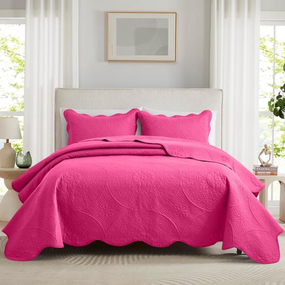 Ameha 3 Piece Reversible Quilt Set Ultra Soft Floral Coverlet Microfiber Bedding Set Queen Pink All Season