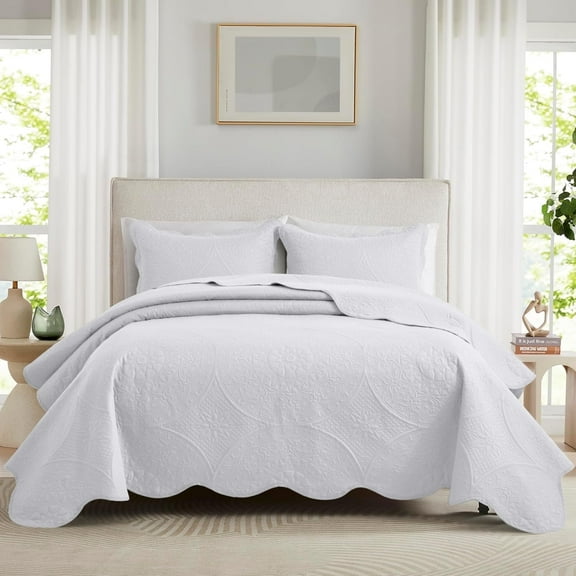 Ameha 3 Piece Reversible Quilt Set Ultra Soft Floral Coverlet Microfiber Bedding Set Queen White All Season