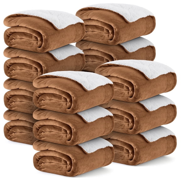 Ameha Bulk Sherpa Fleece Blankets 14-Pack Twin Size Plush Soft Warm & Cozy For Home Shelter Charity Lightweight Machine Washable Camel Color