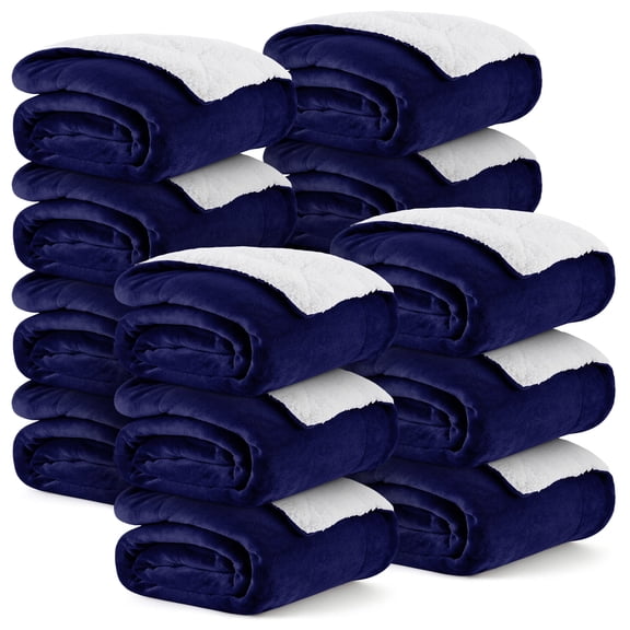 Ameha Bulk Sherpa Fleece Blankets 18-Pack Throw Size Plush Soft Warm & Cozy For Home Shelter Charity Lightweight Machine Washable Navy Color