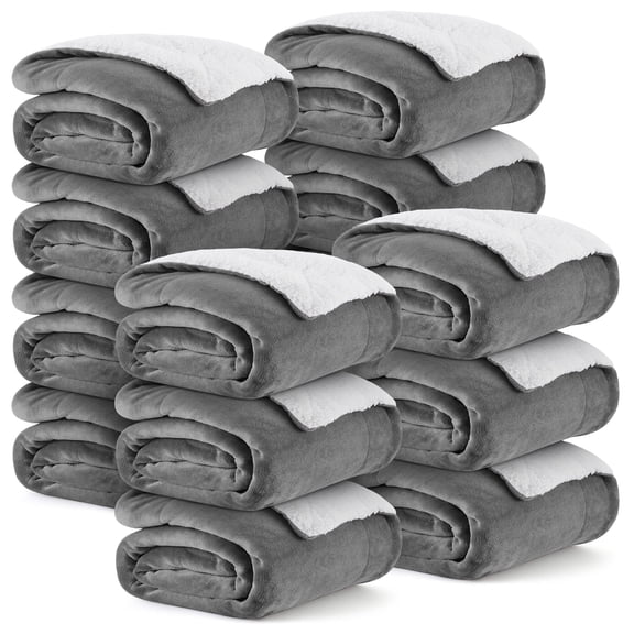 Ameha Bulk Sherpa Fleece Blankets 18-Pack Throw Size Plush Soft Warm & Cozy For Home Shelter Charity Lightweight Machine Washable Silver Color
