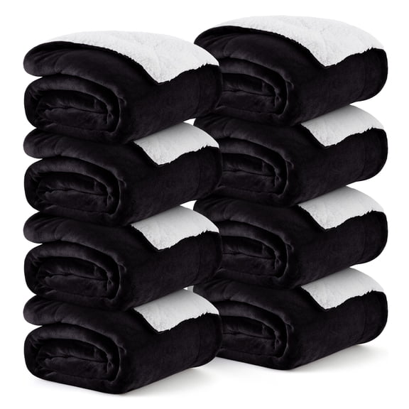 Ameha Bulk Sherpa Fleece Blankets 8-Pack Queen Size Plush Soft Warm & Cozy For Home Shelter Charity Lightweight Machine Washable Black Color