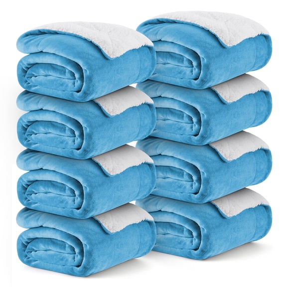 Ameha Bulk Sherpa Fleece Blankets 8-Pack Queen Size Plush Soft Warm & Cozy For Home Shelter Charity Lightweight Machine Washable Light-Blue Color