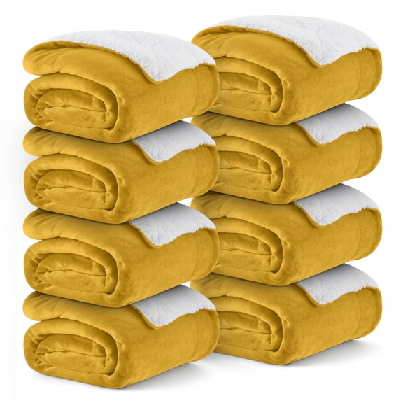 Ameha Bulk Sherpa Fleece Blankets 8-Pack Queen Size Plush Soft Warm & Cozy For Home Shelter Charity Lightweight Machine Washable Ochre Color