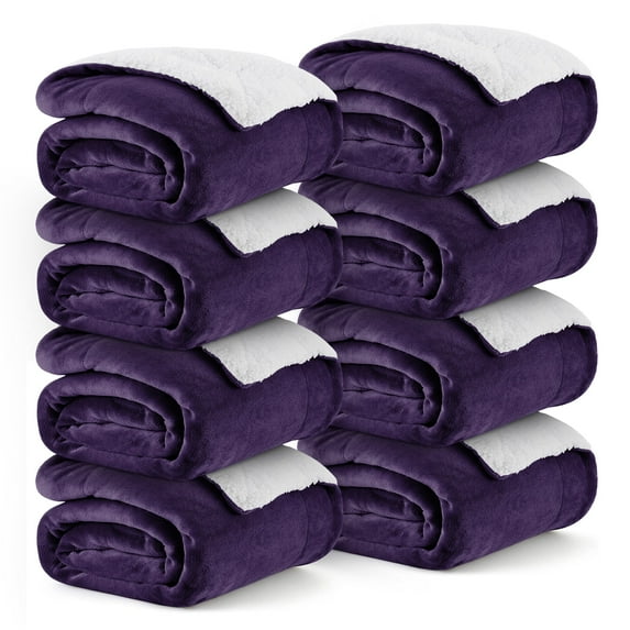 Ameha Bulk Sherpa Fleece Blankets 8-Pack Queen Size Plush Soft Warm & Cozy For Home Shelter Charity Lightweight Machine Washable Purple Color