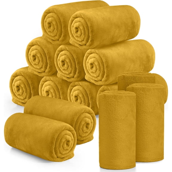 Ameha Fleece Blanket Bulk Pack of 14 For Wholesale, Wedding Guests, Favors, Homeless Adult Washable Winter Blanket Warm Cozy 60x80 Twin Ochre
