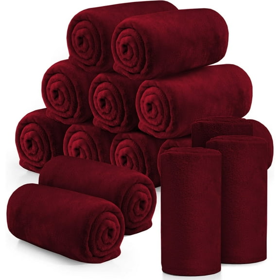 Ameha Fleece Blanket Bulk Pack of 8 For Wholesale, Wedding Guests, Favors, Homeless Adult Washable Winter Blanket Warm Cozy 90X90 Queen Burgundy