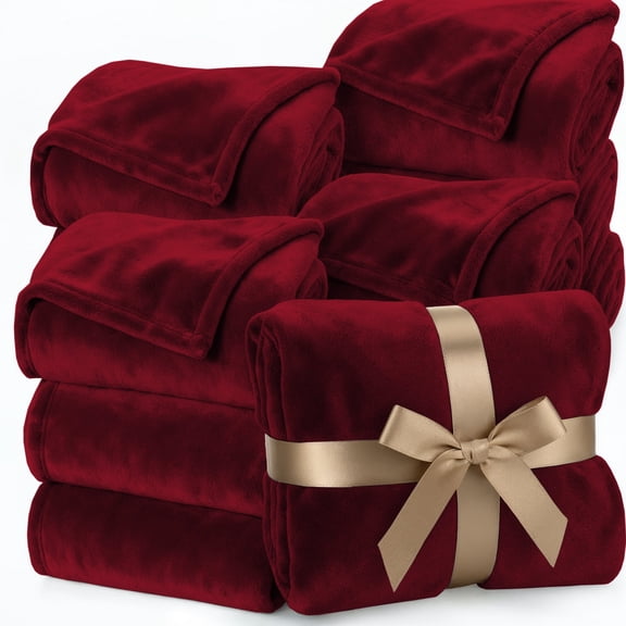 Ameha Fleece Blanket Bulk Pack of 8 For Wholesale, Wedding Guests, Favors, Homeless Adult Washable Winter Blanket Warm Cozy 90X90 Queen Burgundy