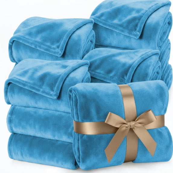 Ameha Fleece Blanket Bulk Pack of 8 For Wholesale, Wedding Guests, Favors, Homeless Adult Washable Winter Blanket Warm Cozy 90X90 Queen Light Blue