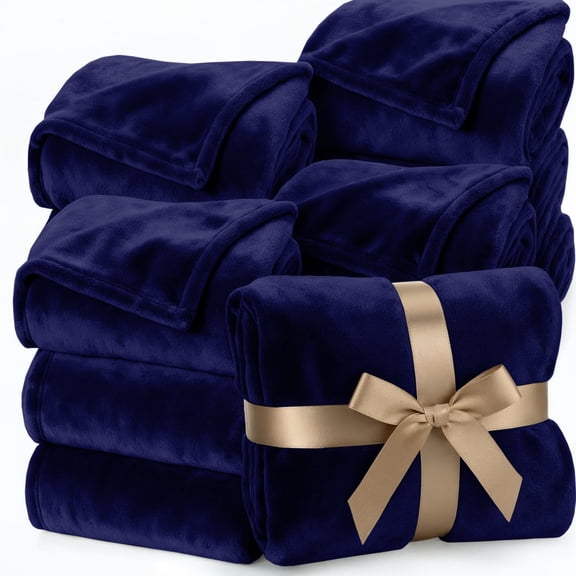 Ameha Fleece Blanket Bulk Pack of 8 For Wholesale, Wedding Guests, Favors, Homeless Adult Washable Winter Blanket Warm Cozy 90X90 Queen Navy