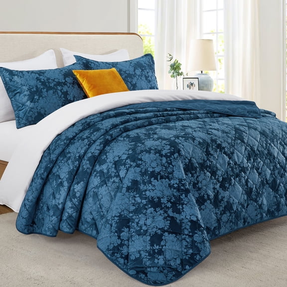 Ameha Luxury Floral Diamond Pattern Velvet Bedspread 2-Piece Set Ultrasonic Embossed Quilt Reversible Soft Microfiber Coverlet Twin Size Navy
