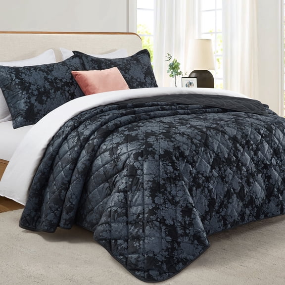 Ameha Luxury Velvet Quilt Floral Diamond Pattern 3-Piece Set Ultrasonic Embossed Bedding Set Ultra Soft Reversible Bedspread Queen Size Black
