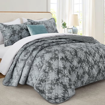 Ameha Luxury Velvet Quilt Floral Diamond Pattern 3-Piece Set Ultrasonic Embossed Bedding Set Ultra Soft Reversible Bedspread Queen Size Grey