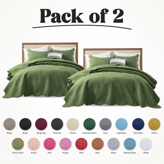 Ameha Pack of 2 Leaf Embossed Reversible 2 Quilt Set with 2 Pillow Shams Ultra Soft Microfiber Bedding Set Twin Olive Green