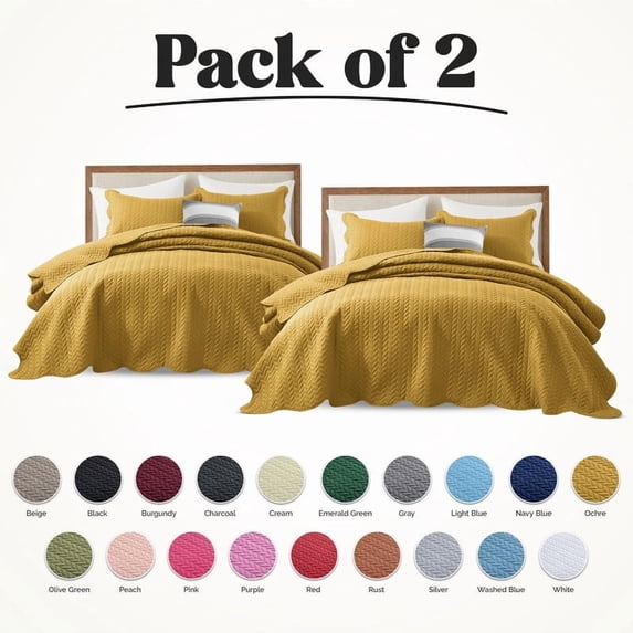 Ameha Pack of 2 Leaf Embossed Reversible 2 Quilt Set with 4 Pillow Shams Ultra Soft Microfiber Bedding Set California king Ochre