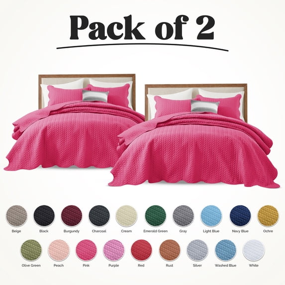 Ameha Pack of 2 Leaf Embossed Reversible 2 Quilt Set with 4 Pillow Shams Ultra Soft Microfiber Bedding Set California king Pink