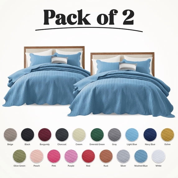 Ameha Pack of 2 Leaf Embossed Reversible 2 Quilt Set with 4 Pillow Shams Ultra Soft Microfiber Bedding Set California king Washed Blue