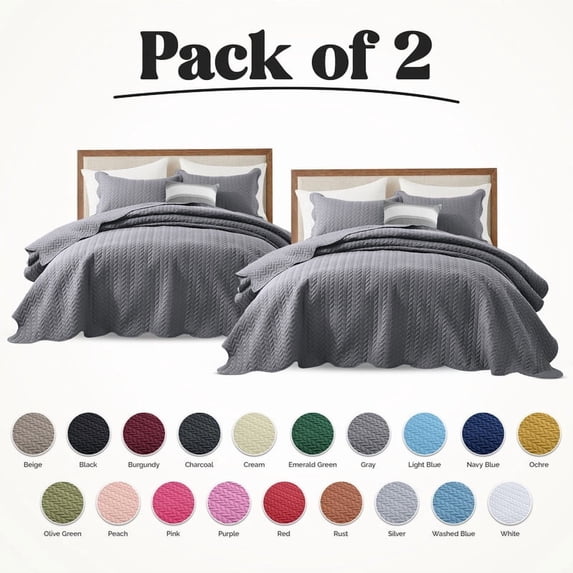 Ameha Pack of 2 Leaf Embossed Reversible 2 Quilt Set with 4 Pillow Shams Ultra Soft Microfiber Bedding Set Queen Grey