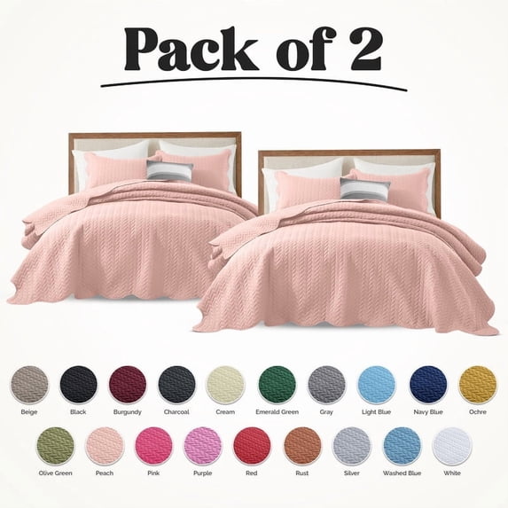 Ameha Pack of 2 Leaf Embossed Reversible 2 Quilt Set with 4 Pillow Shams Ultra Soft Microfiber Bedding Set Queen Peach