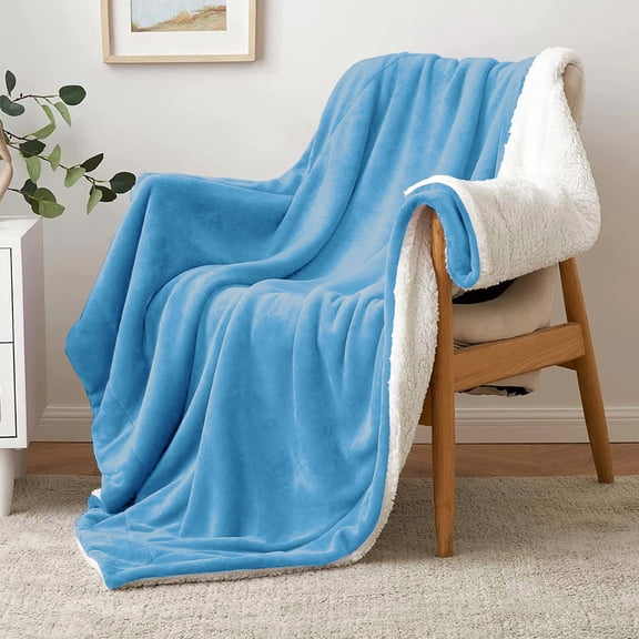 Ameha Plush Sherpa Bed Blanket Super Ultra Soft Thick Warm Cozy & Fuzzy Reversible Fleece Blanket Adult Light Blue Throw