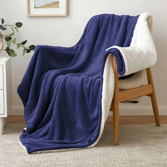 Ameha Plush Sherpa Bed Blanket Super Ultra Soft Thick Warm Cozy & Fuzzy Reversible Fleece Blanket Adult Navy Blue Throw