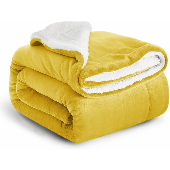 Ameha Plush Sherpa Bed Blanket Super Ultra Soft Thick Warm Cozy & Fuzzy Reversible Fleece Blanket Adult Ochre Twin