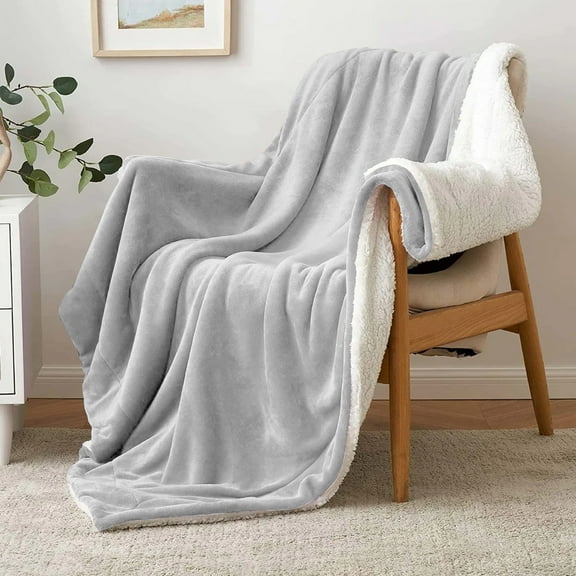 Ameha Plush Sherpa Bed Blanket Super Ultra Soft Thick Warm Cozy & Fuzzy Reversible Fleece Blanket Adult Silver Throw