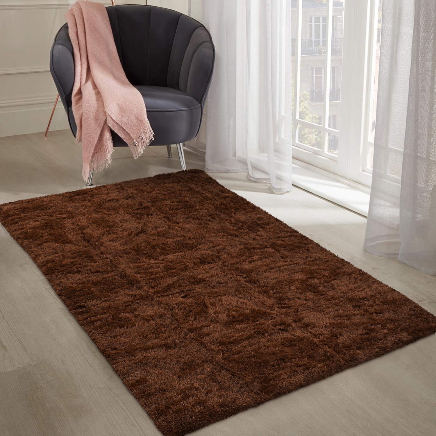 Ameha Shaggy Rug 3x5ft Non-Slip Fluffy Soft Faux Floor Carpets Rectangle for Bedroom Livingroom Decor Brown