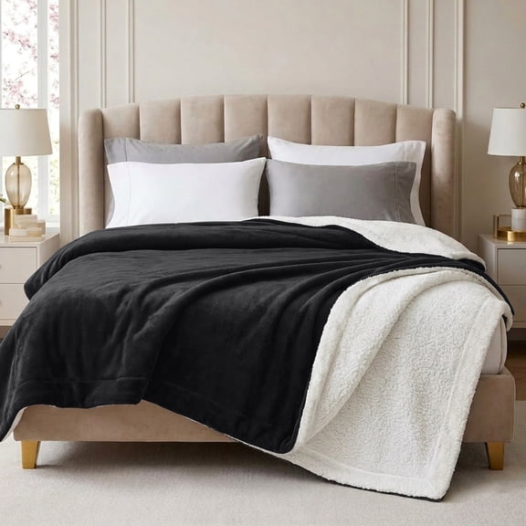 Ameha Sherpa Fleece Blanket Queen Size – Ultra Soft Plush Thick Warm Reversible Cozy Bed Blanket, Black