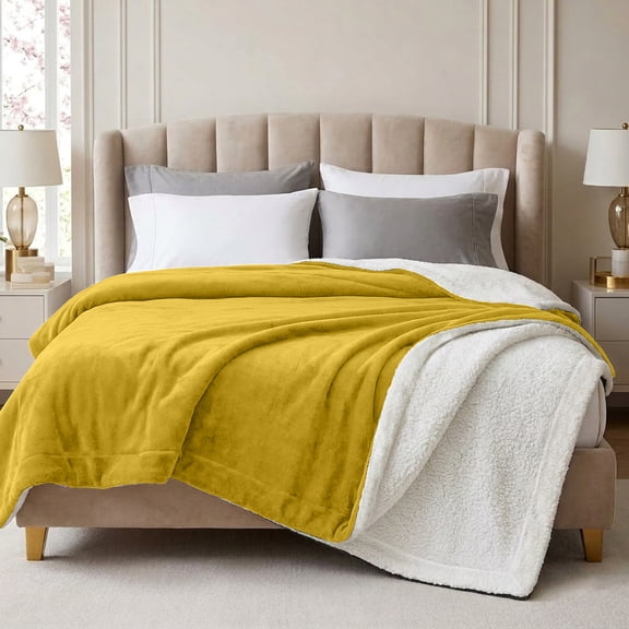 Ameha Sherpa Fleece Blanket Queen Size – Ultra Soft Plush Thick Warm Reversible Cozy Bed Blanket, Ochre