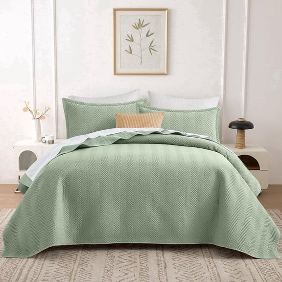 Ameha 2-Piece Linen Bedspread Set Ultrasonic Chevron Pattern Lightweight Quilt Set Olive Green Twin