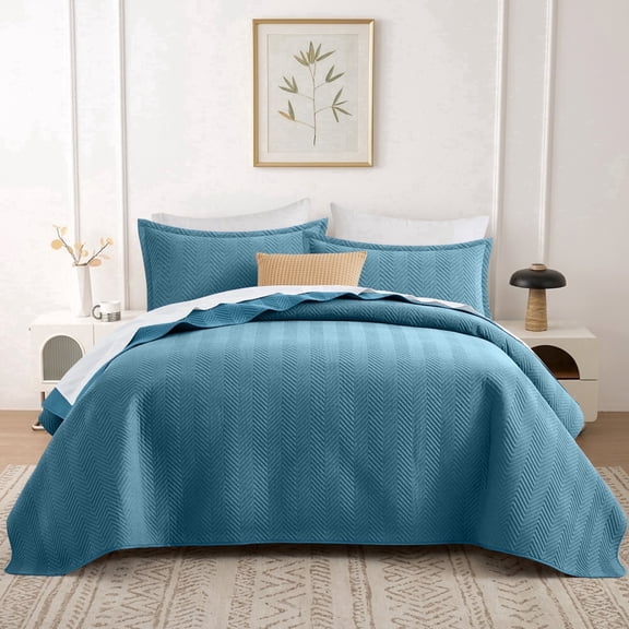 Ameha 2-Piece Linen Bedspread Set Ultrasonic Chevron Pattern Lightweight Quilt Set Washed Blue Twin