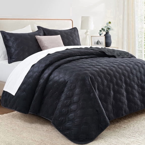 Ameha Velvet Bedspread Twin Size 2 Piece Set Black Ultrasonic Embossed Geometric Quilt Soft Lightweight Reversible Washable Bedding