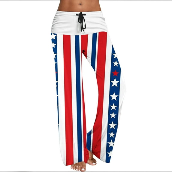 Ameican Flag Trouser Women's Mid Rise Straight Leg Pant 4th of July Holiday Pants Stars and Stripes Graphic Trousers Loose Fit Slacks Drawstrings Bottoms
